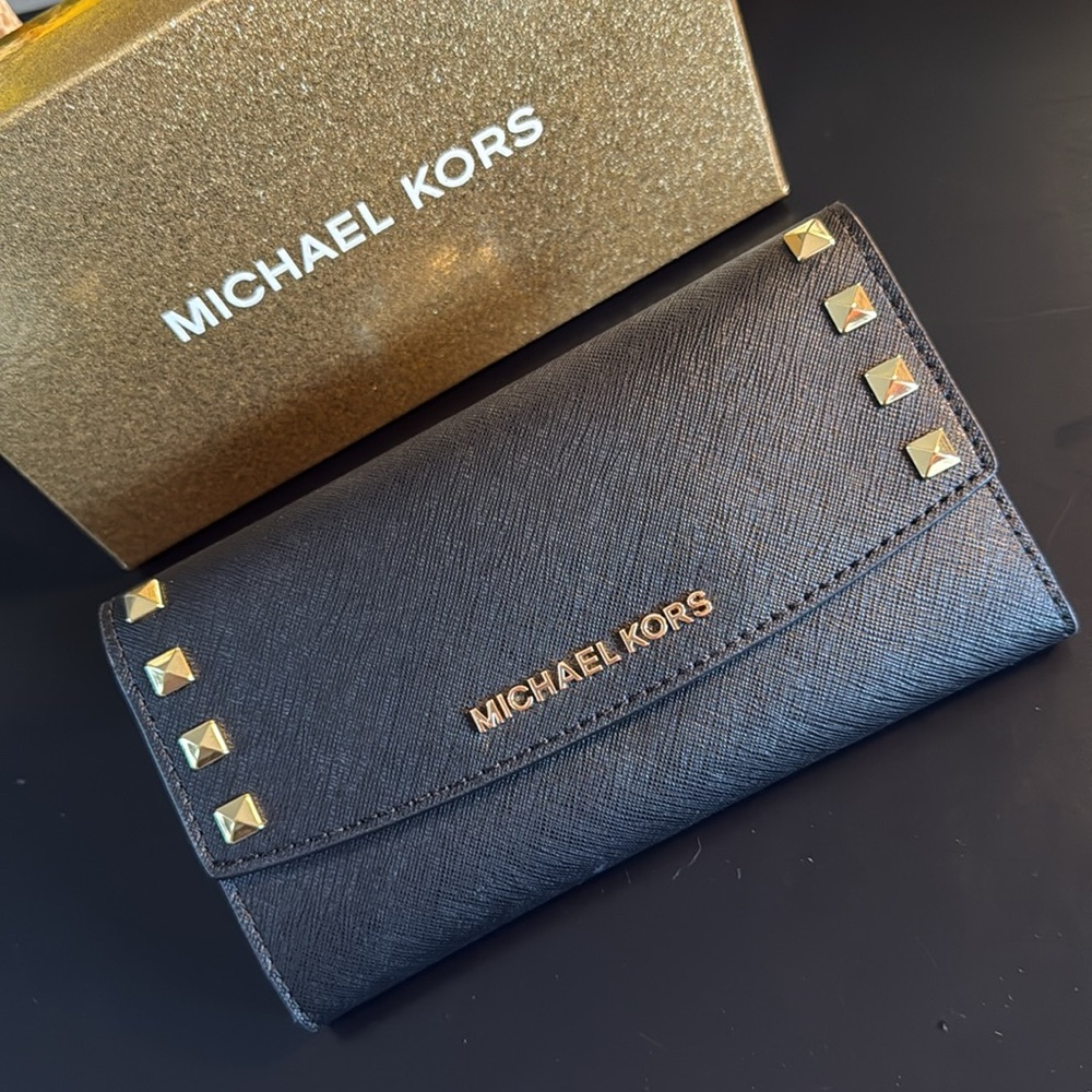 Michael Kors Karla Black Wallet with Gold Studs